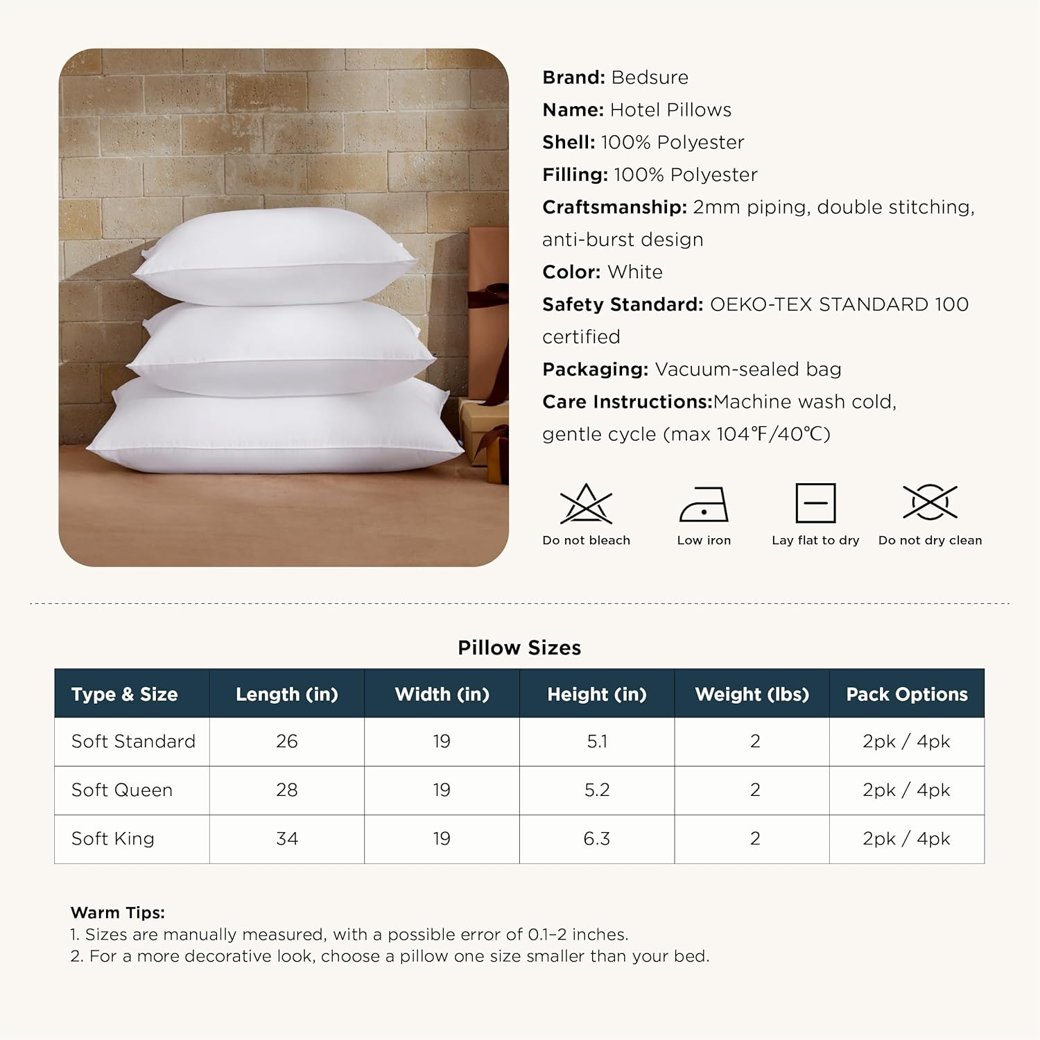 Bedsure Queen Size Pillows Set of 2 - Soft Down Alternative Hotel Collection for All Sleepers | 28"x19", White