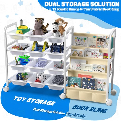 WGOHOSE 2025 Toy Storage Organizer with Bookshelf - 12 Storage Bins & Fabric Book Sling – Kids Toy Organizer and Bookshelf on Wheels for Kids Room, Playroom, Nursery, or Classroom