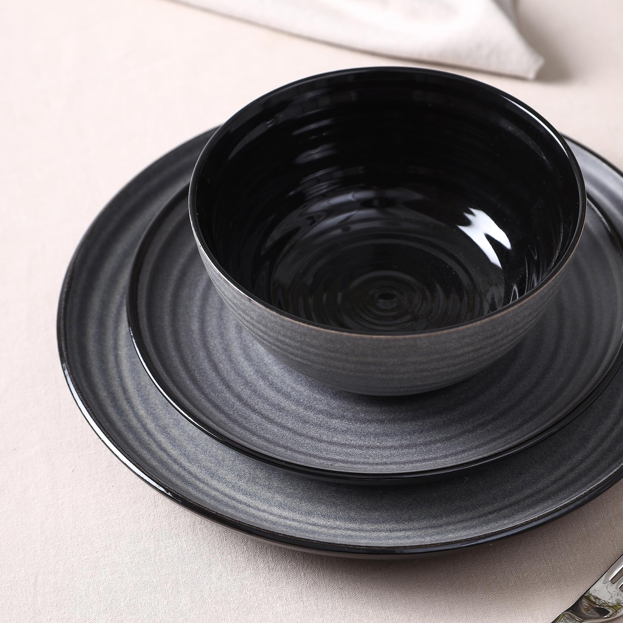 Stone Lain Dua 12-Piece Dinnerware - Stoneware, Plate and Bowls, Dishwasher and Microwave Safe, Dish Set for 4, Black