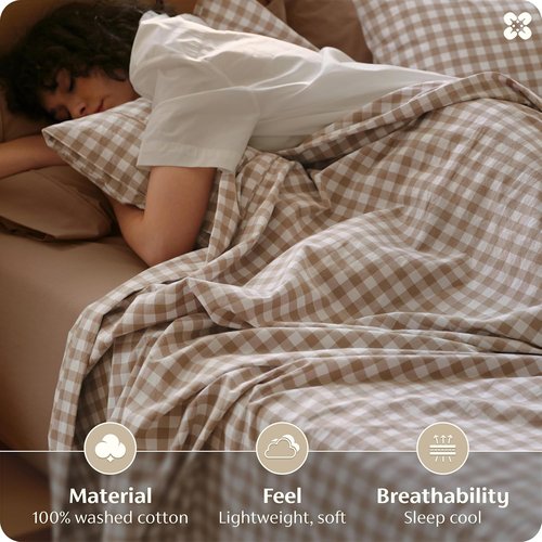 Bedsure 100% Washed Cotton Percale Sheets - Soft Gingham Queen Size Set with 18" Deep Pocket (Brown)