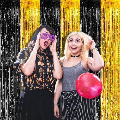 Black Gold Foil Fringe Curtain Backdrop by [Brand Name] - 4 Pack, 3.2Ft x 8.2Ft for Photo Booths & Parties
