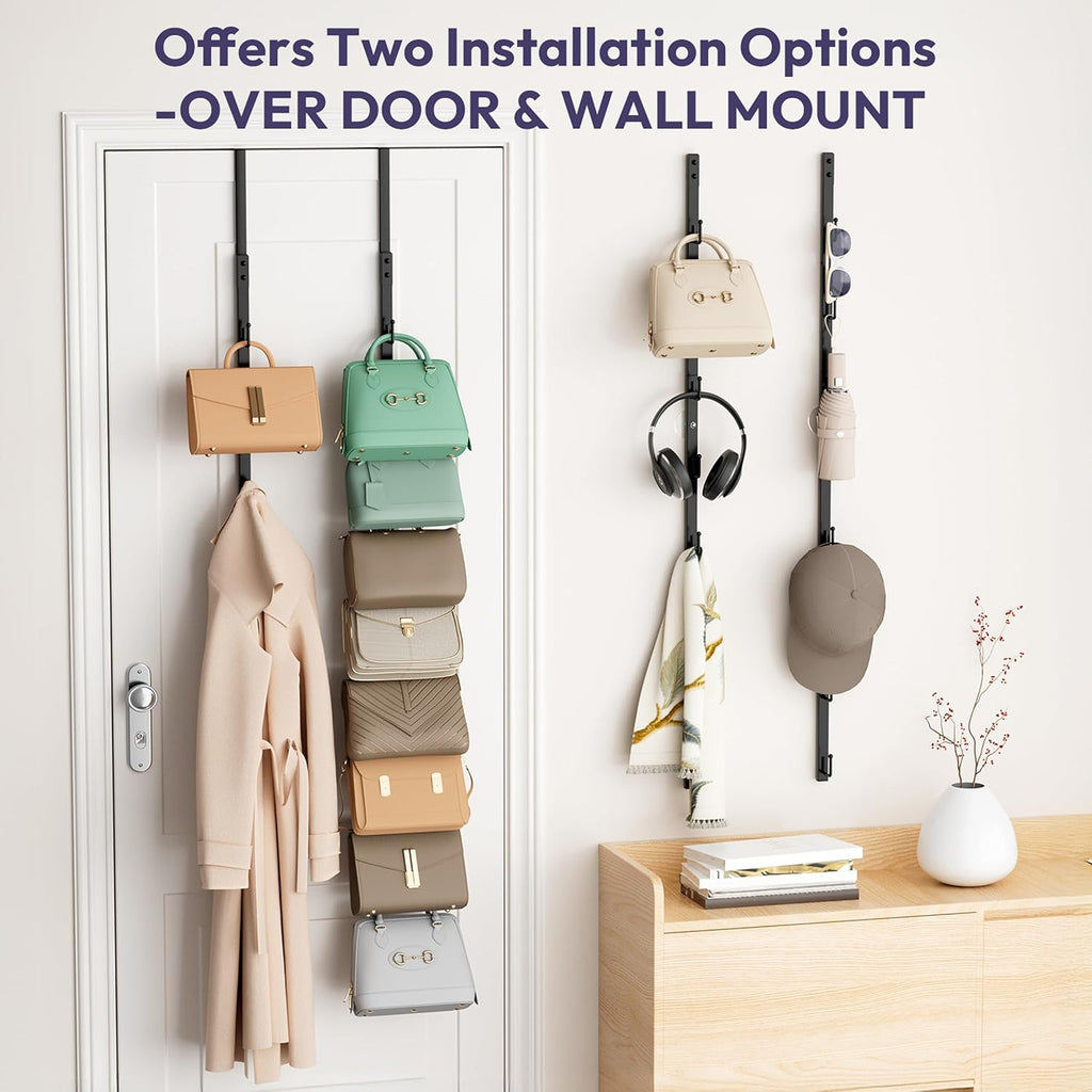 SWTYMIKI Over The Door Purse Organizer - 2-Pack Wall-Mounted Rack with 8 Hooks for 16 Bags | Black