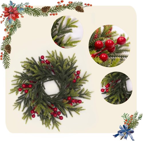 Christmas Candle Rings by [Brand Name] - 11.6 Inch Artificial Pine & Red Berries | Perfect for Holiday Decor & Centerpieces