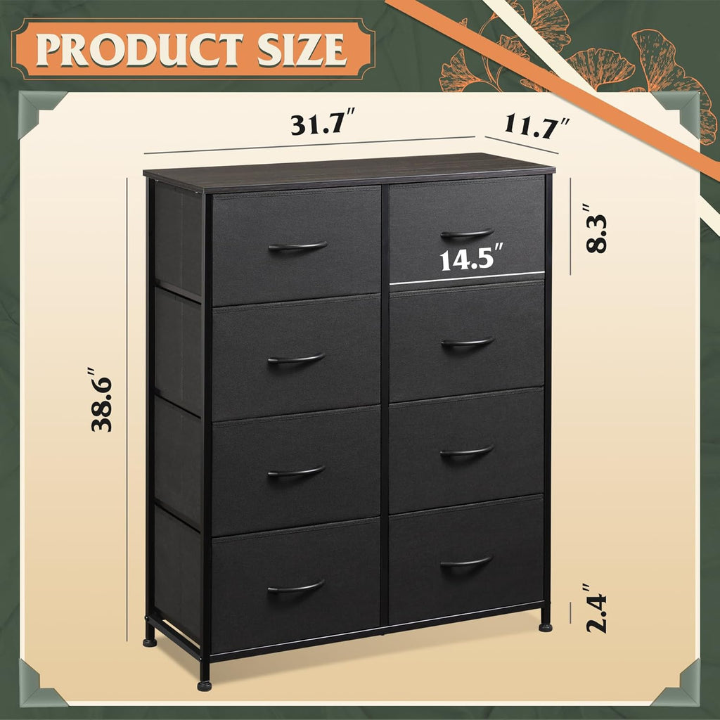 WLIVE Fabric Dresser - Tall 8-Drawer Storage Tower with Fabric Bins | Charcoal Black for Bedroom & Living Room