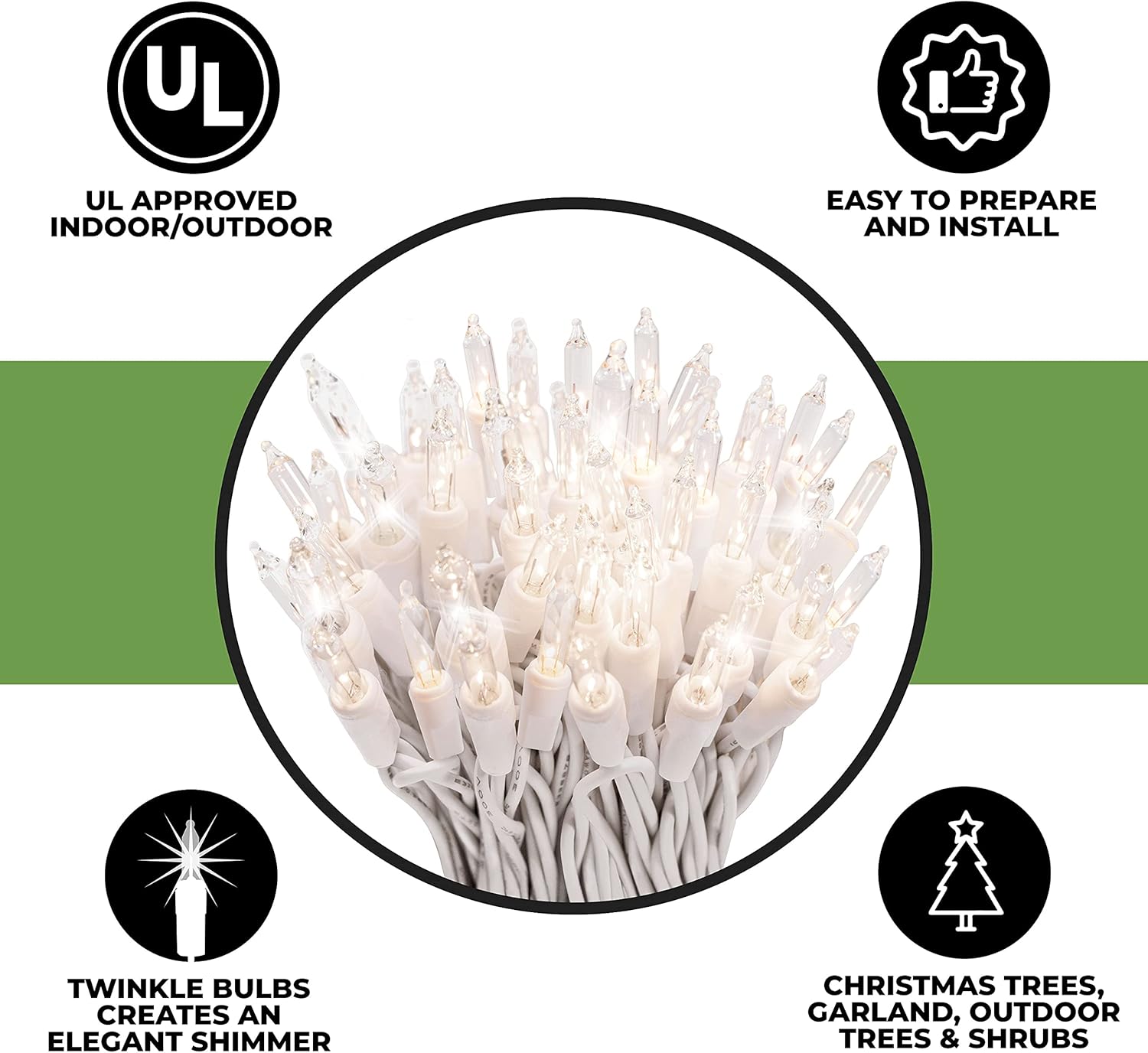 612 Vermont 100 Clear Christmas Twinkle Lights - Indoor/Outdoor Use, Connect Up to 4 Sets, 20.6' Lighted Length