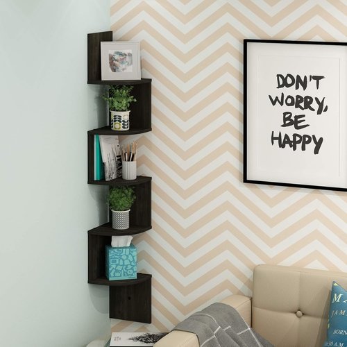 Furinno ROSSI 5-Tier Zigzag Floating Book Shelves - Stylish Wall-Mounted Corner Shelf in Espresso