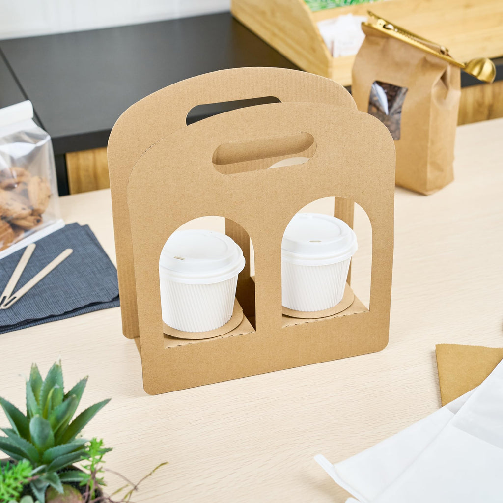 Restaurantware Bio Tek Drink Carriers 100 Disposable Cup Carriers With Handles - Holds 2 Cups For Delivery Or To Go Kraft Paper Drink Holders Built-In Handle Fits Multiple Beverages