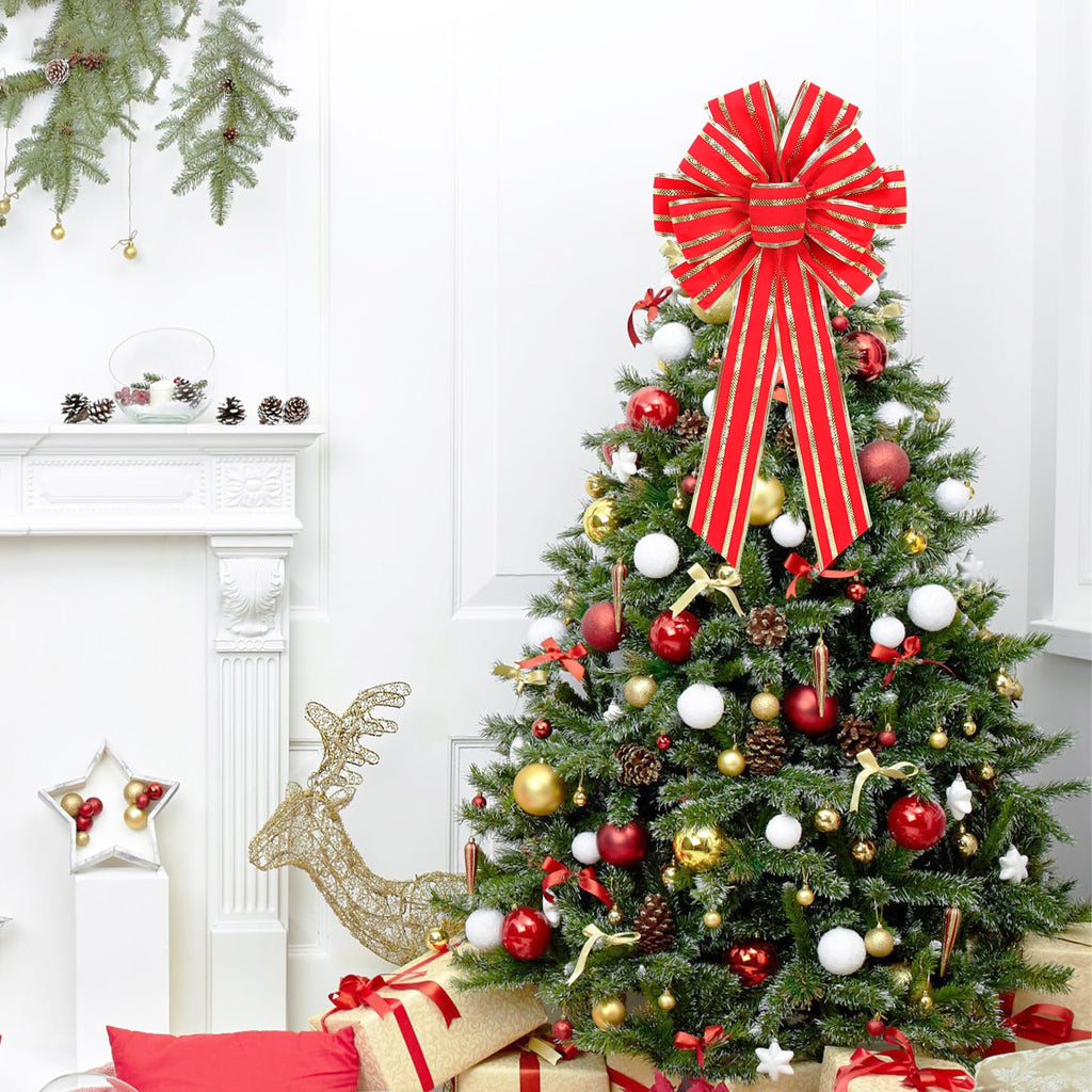 RoseCraft 2PCS Red/Gold Christmas Bow, 9”x13” Large Velvet Christmas Tree Topper Bow Ornaments for Home Xmas Tree Wreath Fence Stairs Railing Fireplace Front Door Party Valentine's Day Decoration.