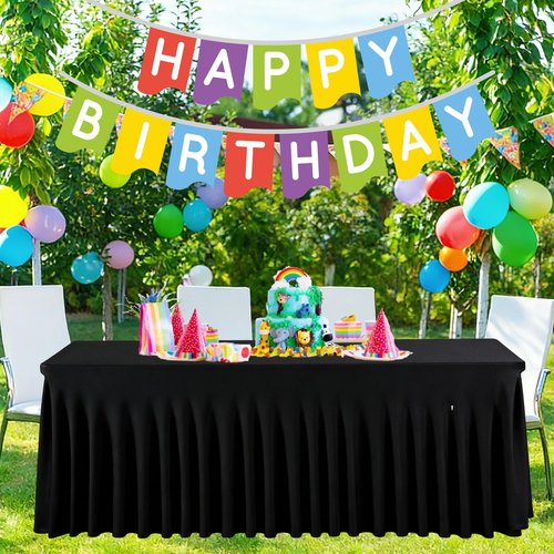 PWDAN 5 Pack Spandex Table Cloths for 6 Foot Rectangle Tables, Wrinkle Free Black Fitted Table Covers 6 Ft Stretch Polyester Tablecloths with Skirt for Party Banquet Wedding Birthday Christmas