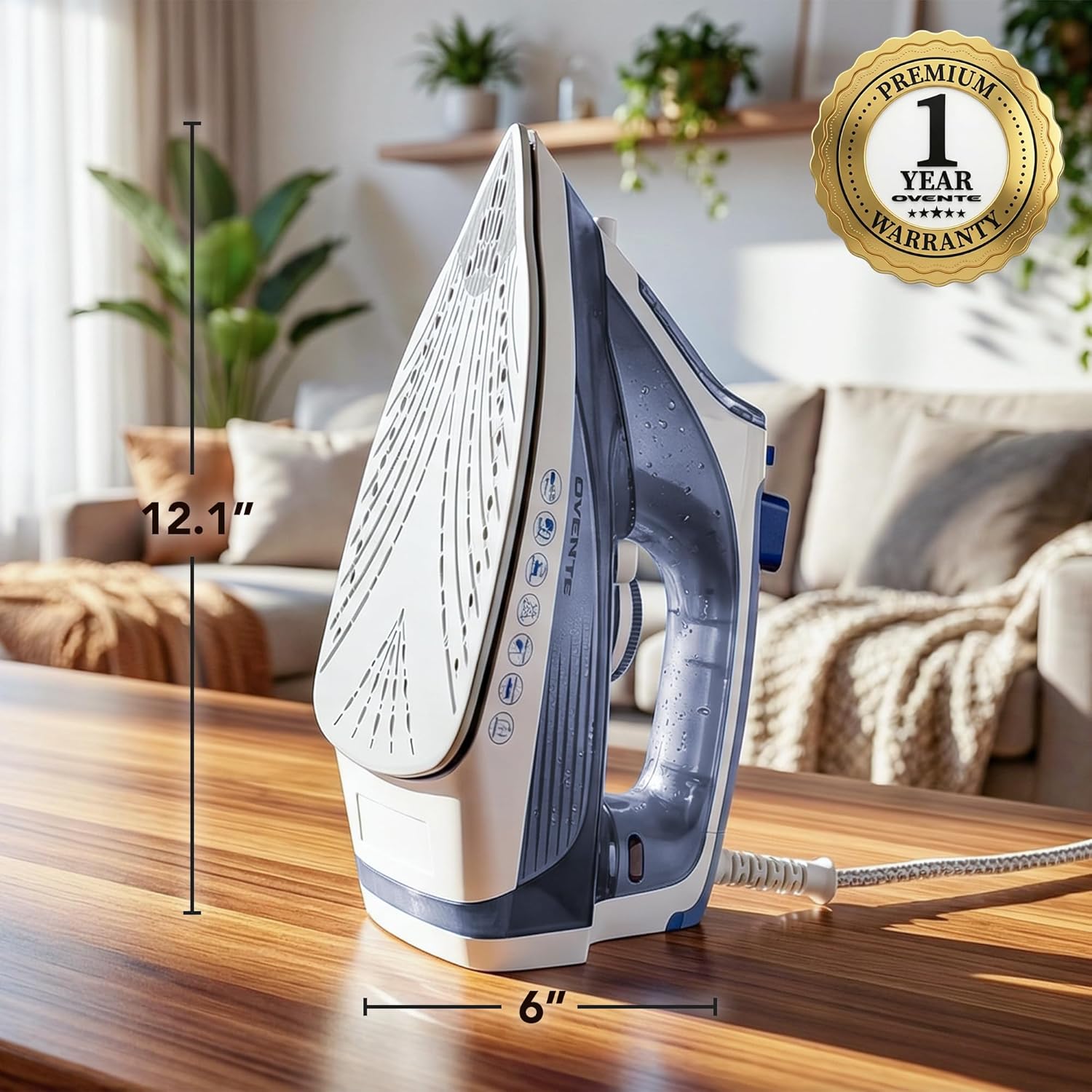 OVENTE Steam Iron - 1200W Non-Stick Ceramic Soleplate, Auto Shutoff & Self-Cleaning, Blue | 11.83oz Water Tank