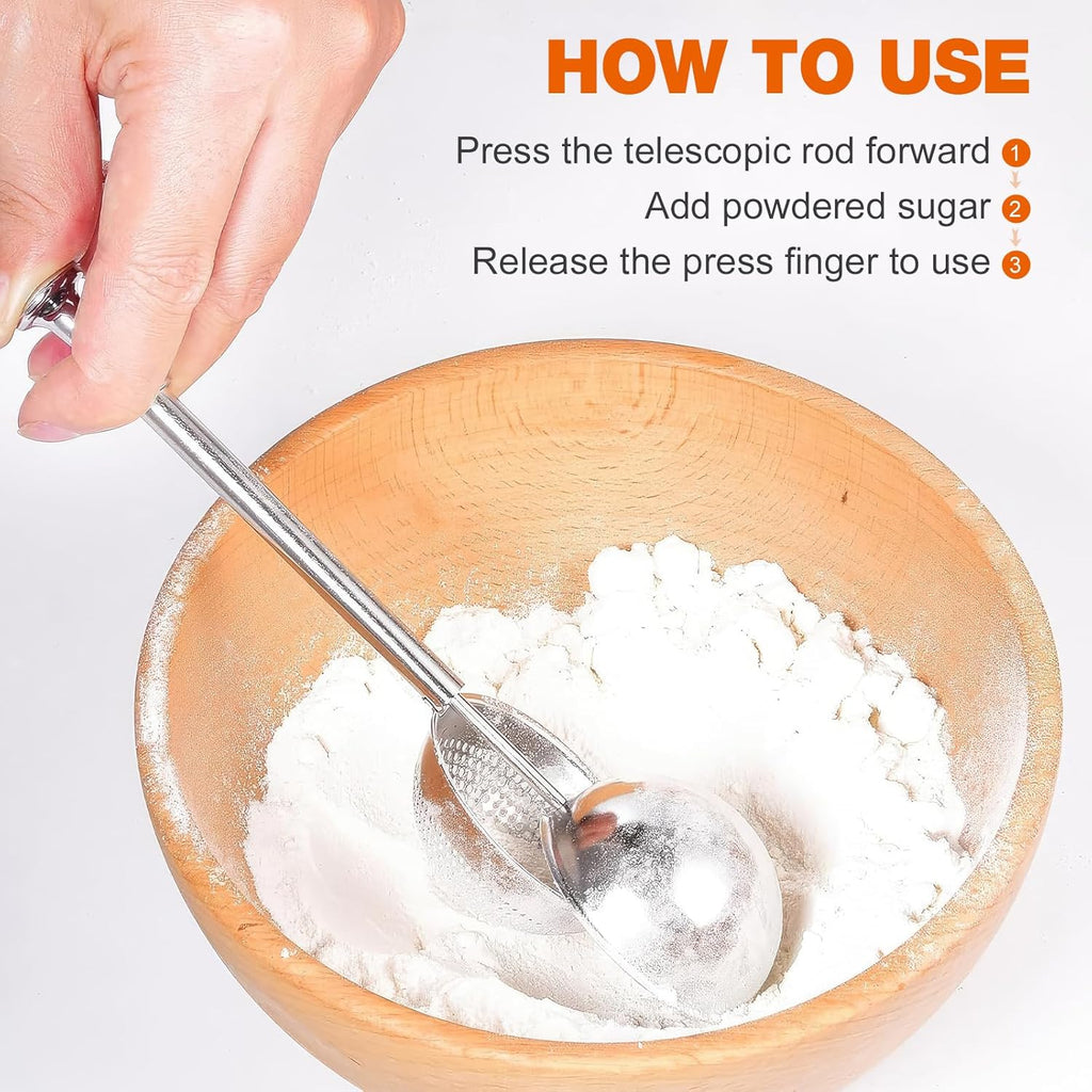 Powdered Sugar Shaker by [Brand Name] - One-Handed Operation Stainless Steel Dispenser for Flour & Spices