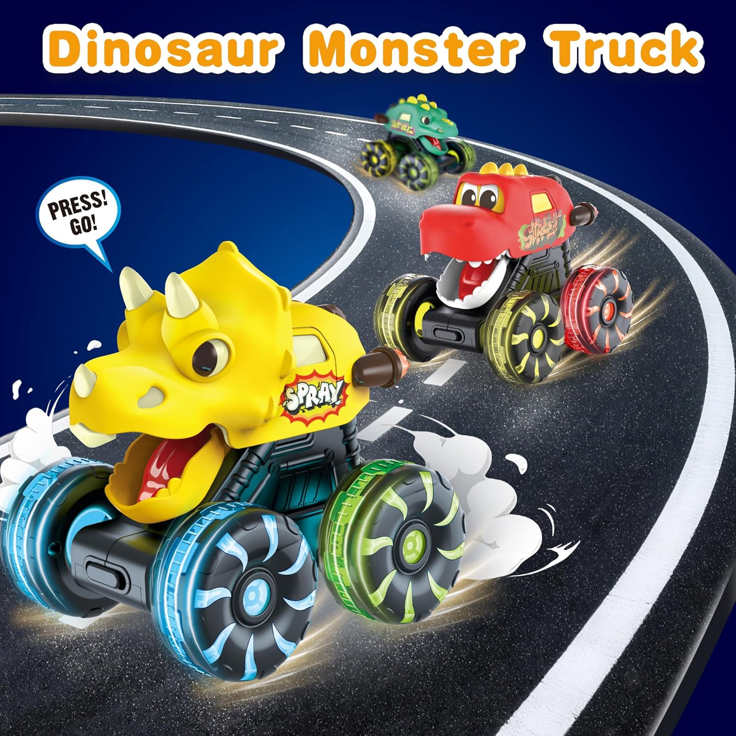 Skiennix Dinosaur Monster Truck Toys - Light-Up LED Wheels | 3-Pack for Toddlers & Kids