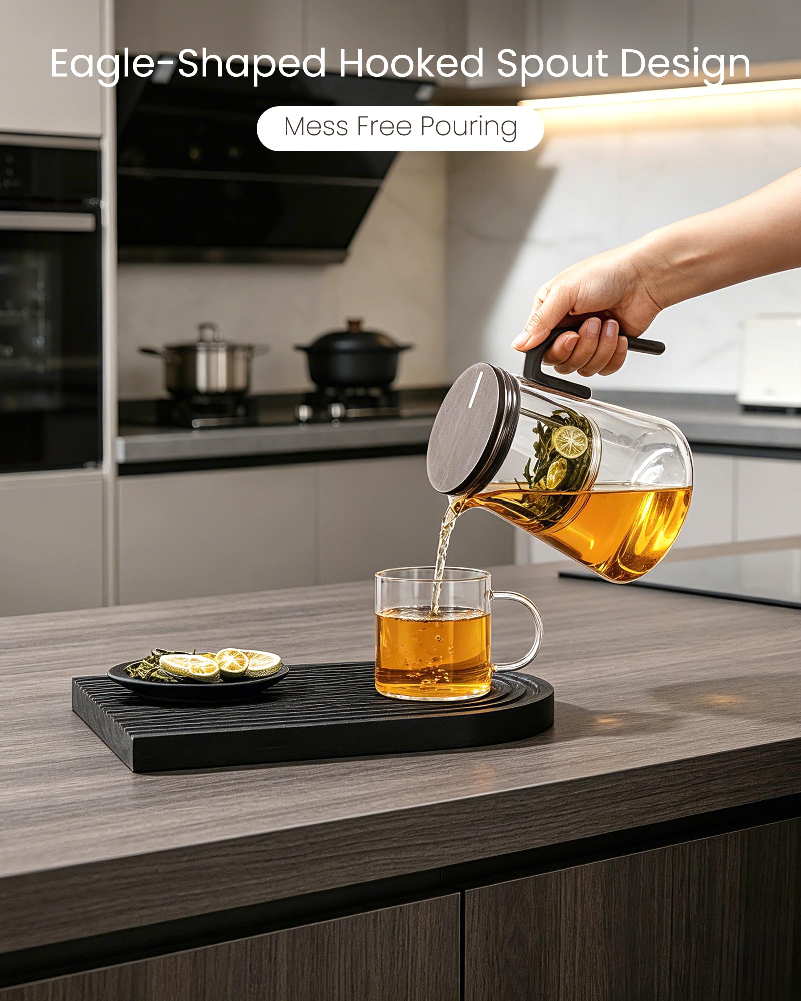 ZENS Magnetic Tea Pot, Large Enchanted Glass Teapot with Infuser and Magnetic Suction Lid for Mess-Free Loose Tea Diffusers, Black Walnut Pattern Handle, Tea Lovers Gifts