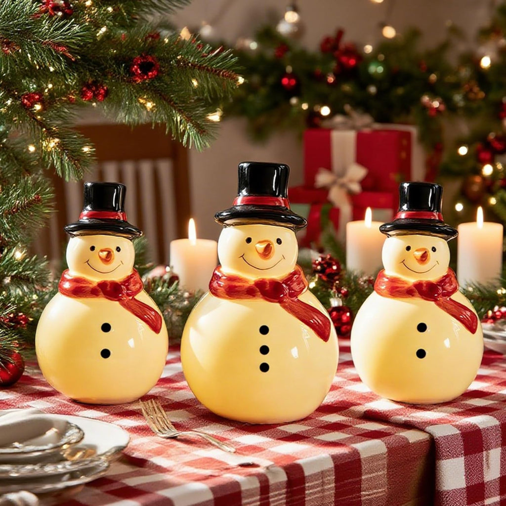 Nerosun Christmas Snowman Figurines - 3 Pack LED Lighted Ceramic Tabletop Ornaments for Winter Decor