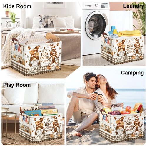HUUMONSS Kitchen Decor Tools Kid Storage Basket Collapsible Clothes Baby Nursery Hamper Large Book Shelf Basket Boy Girl Toy Box Bin, Gnome Coffee, 36L