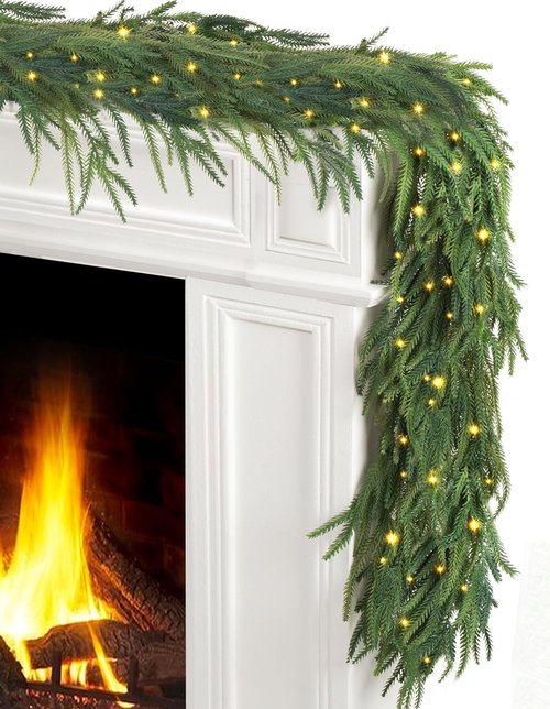 JOJOLEE 9FT Artificial Norfolk Pine Garlands, Pre-Lit Christmas Garland with Timer Lights 8 Modes, Battery Powered Evergreen Garland, Natural Hanging Greenery for Fireplace Mantle Stair Decor