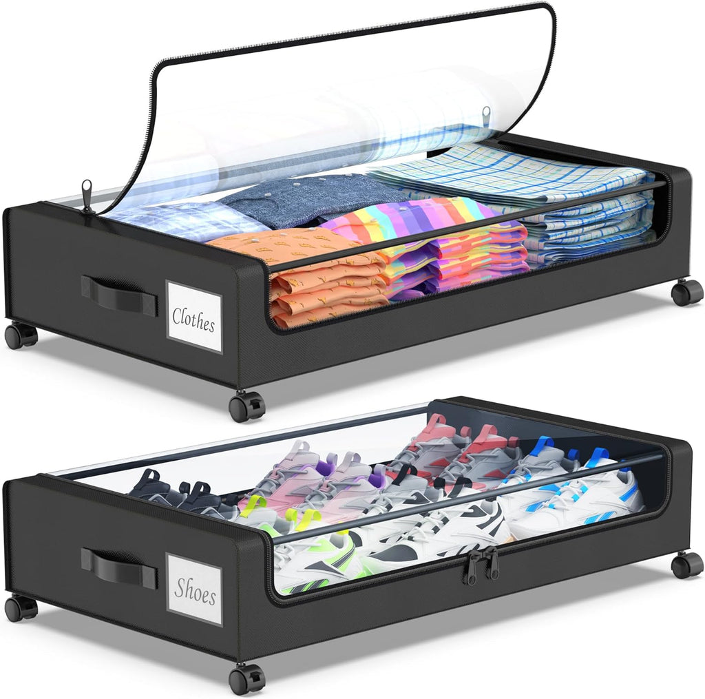 Beborxue Under Bed Storage Bins - XXL 60L Rolling Containers with Lids for Clothes & Shoes | 2-Pack (Black)