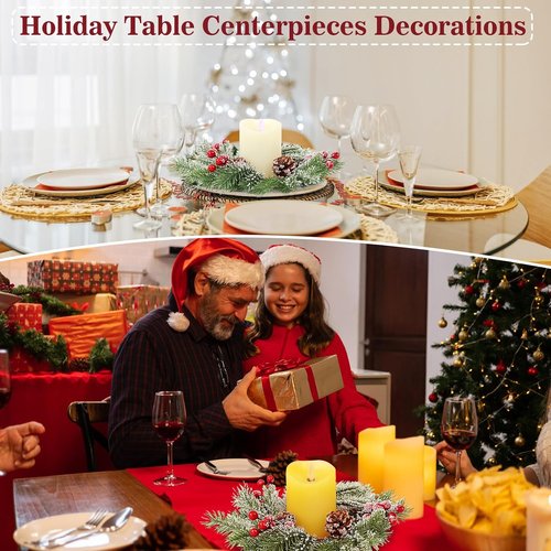 Christmas Candle Rings | Set of 8 Artificial Red Berries & Pinecones - 10 Inch Holiday Centerpieces