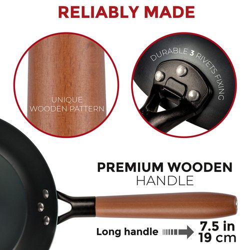 YOSUKATA 11.8" Carbon Steel Frying Pan – Non-Toxic Pre-Seasoned Skillet with Removable Wooden Handle – Coating-Free Wok-Style Pan for Gas, Induction, Electric, Oven & Grill BBQ