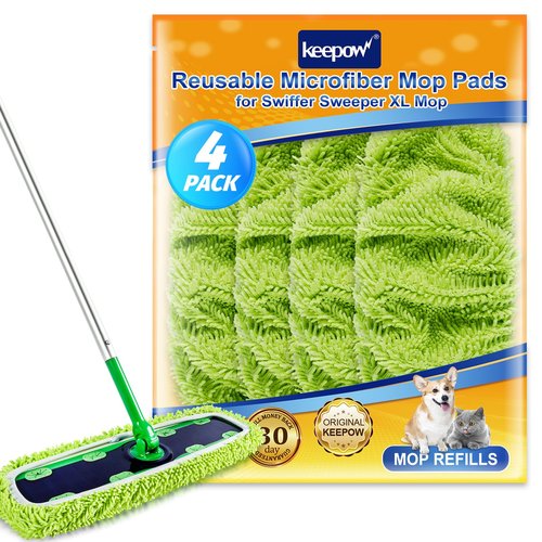 KEEPOW Reusable XL Mop Pads Compatible with Swiffer XL Sweeper, X-Large Dry Sweeping Cloths, Wet Mopping Cloths, Washable Microfiber XL Wet Pads Refills for Surface/Hardwood Floor Cleaning, 4 Pack