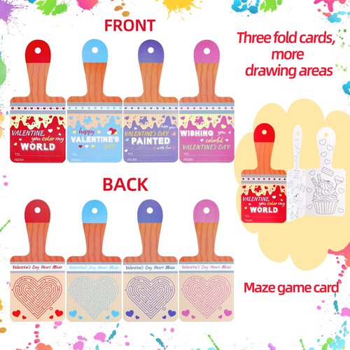 GKLTVB 24 Sets Valentines Day Gifts for Kids,Valentines Cards with Watercolor Paint Bulk and keychain,School Classroom Exchange Gifts for Party Favors