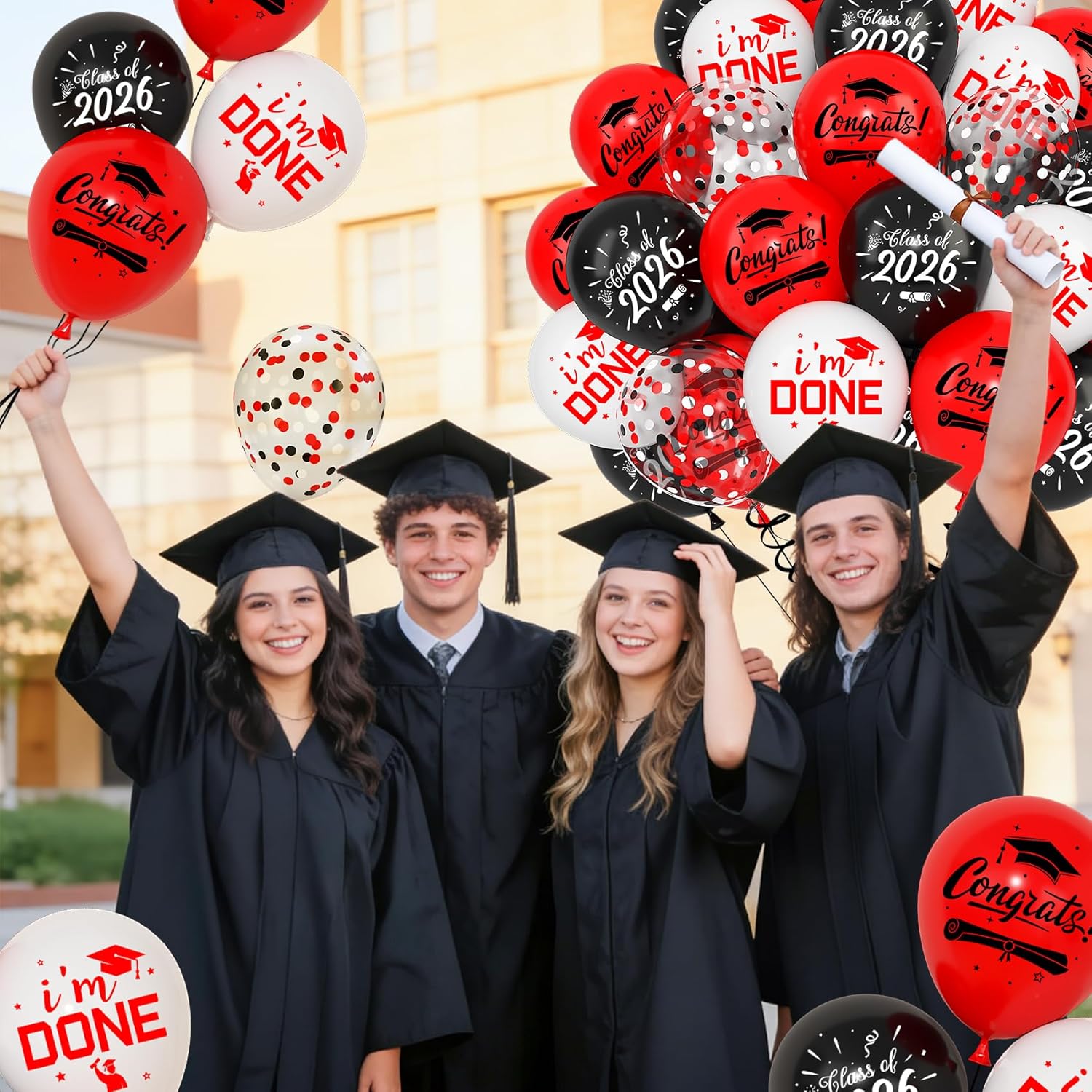 Red and Black Balloons Set by [Brand Name] - 72pcs Graduation Party Decorations with 12-Inch Metallic Confetti Balloons