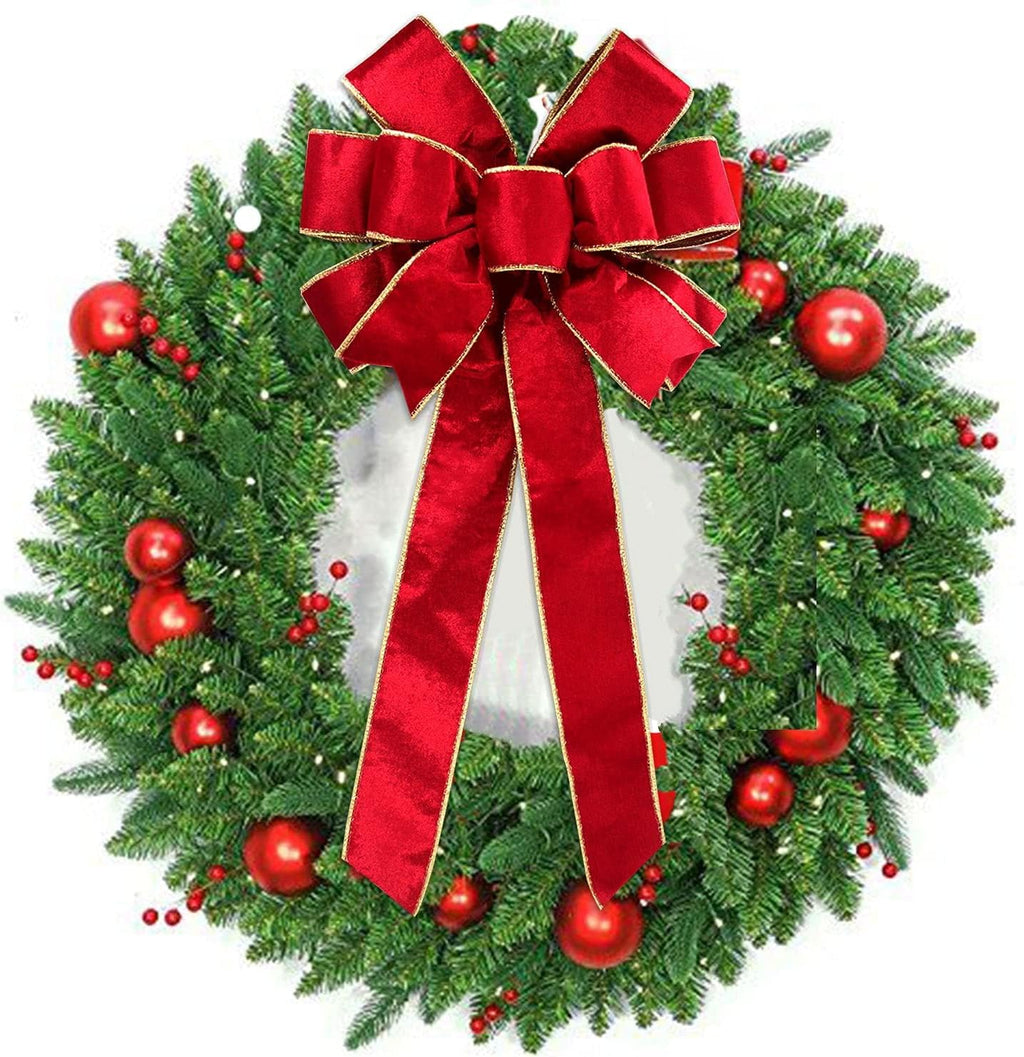 Red Velvet Christmas Bows - Gold Wired Decorative Bows for Wreaths, Trees & Outdoor Use | Gift Box Included