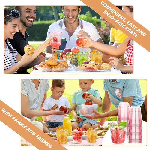 KesaPlan 100 Pcs Pink Plastic Cups, 12oz Disposable Stemless Wine Glasses for Cocktail Cute Clear Cocktail Wine Glasses Pink Party Cups for Valentine's Galentine's Day Wedding Christmas Party