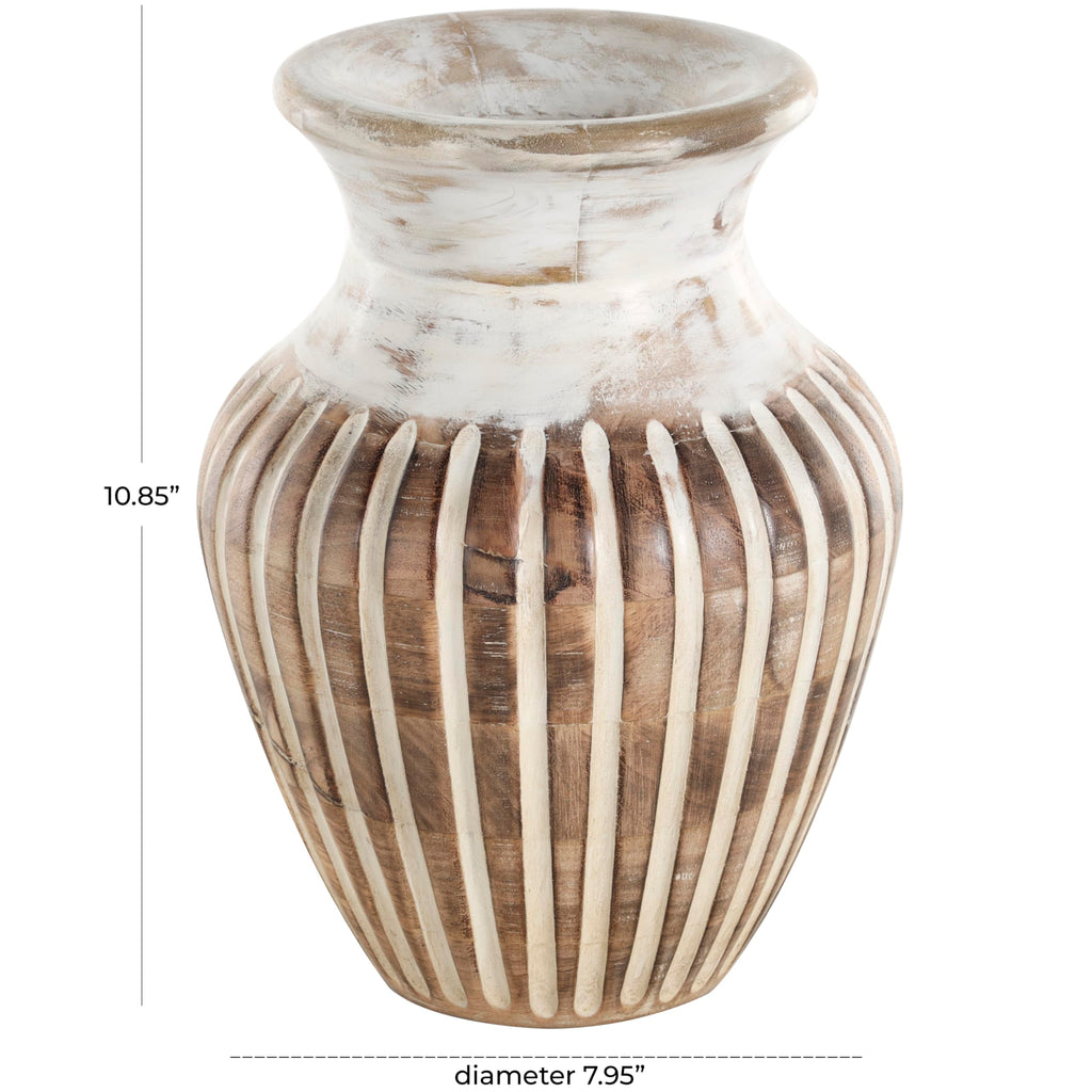 Deco 79 Mango Wood Decorative Vase Distressed Centerpiece Vase with Carved Grooves, Vase for Home Decoration 8" x 8" x 11", Brown