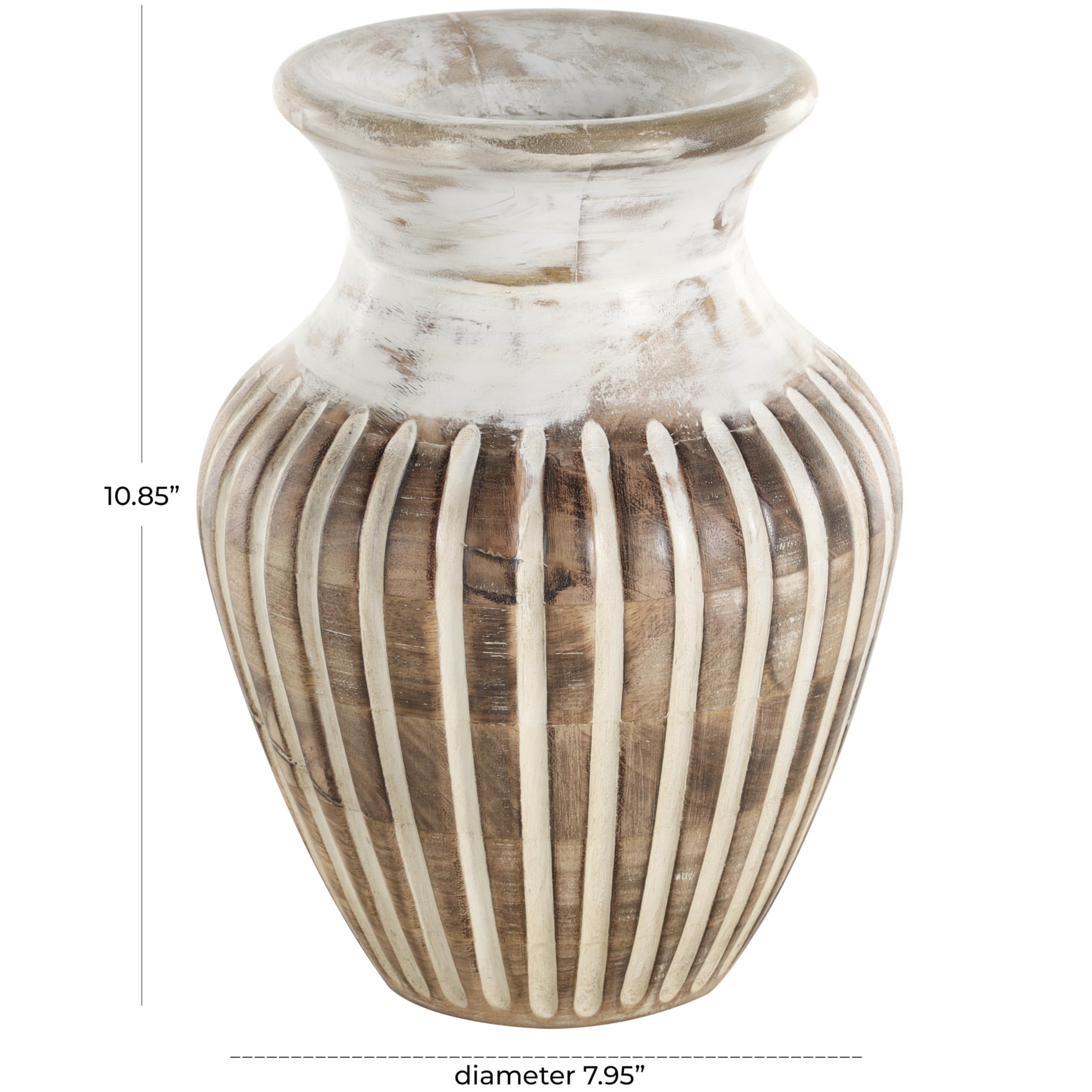 Deco 79 Mango Wood Decorative Vase Distressed Centerpiece Vase with Carved Grooves, Vase for Home Decoration 8" x 8" x 11", Brown