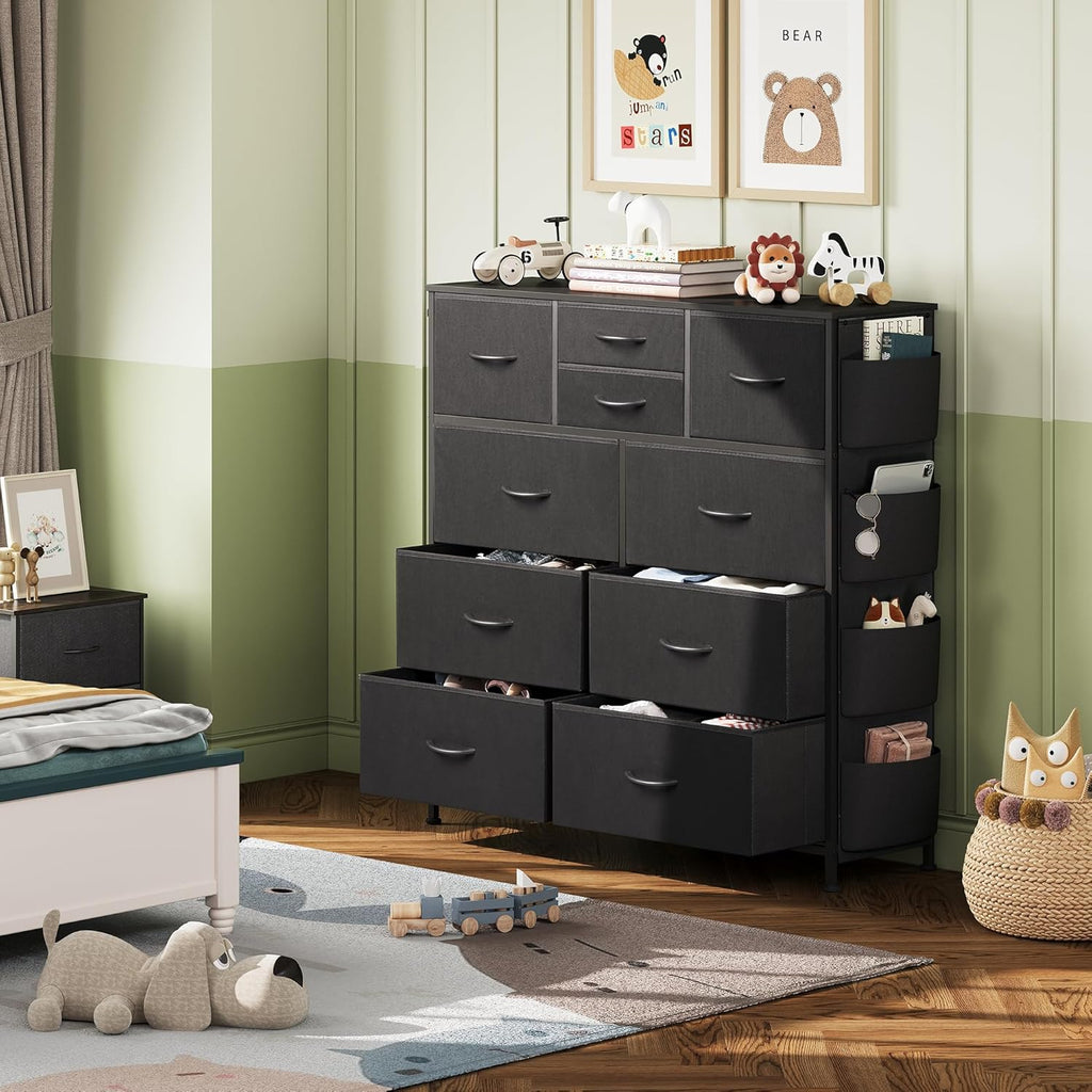 WLIVE Dresser - 10 Drawer Fabric Chest with Side Pockets & Hooks | Sturdy Metal Frame, Black