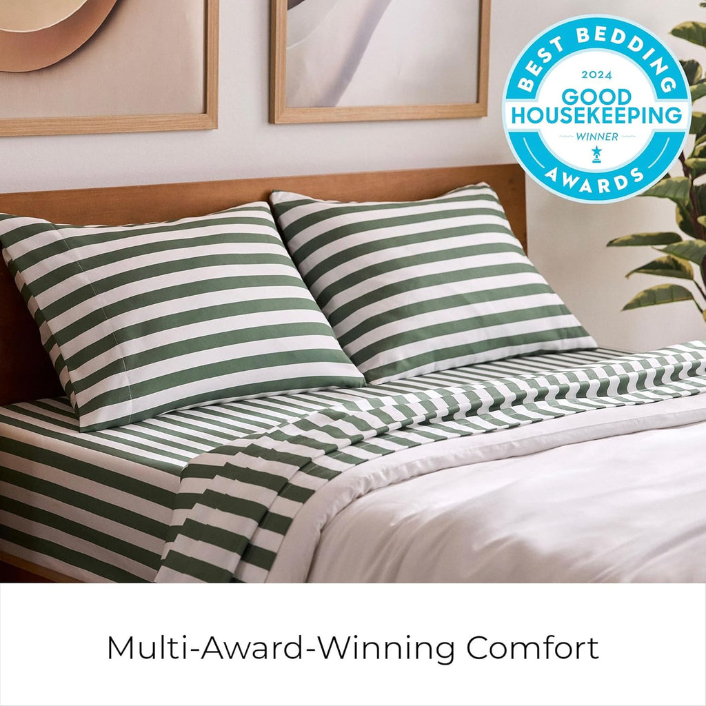 Mellanni Queen Sheets Set - 4 PC Hotel Luxury Bedding | Extra Soft, Cooling, Wrinkle-Resistant (Oxford Stripe Sage)
