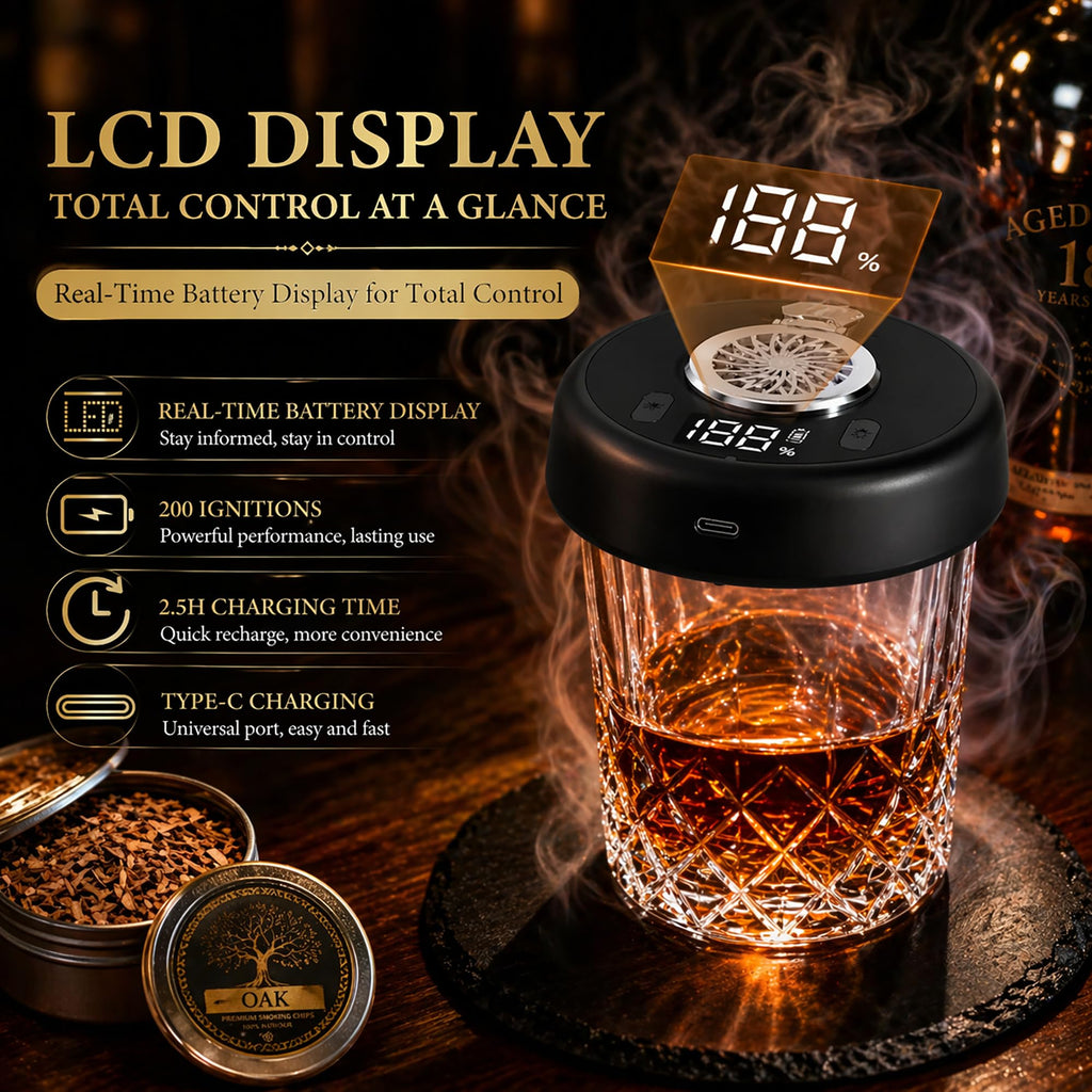 Electric Whiskey Smoker Kit, Torch-Free Rechargeable Cocktail Smoker with 7 Color Lights, All-in-1 Gift Set with 2 Wooden Whiskey Glasses, 10 Wood Chips, Ice Molds & Steel Cubes for Men, Dad