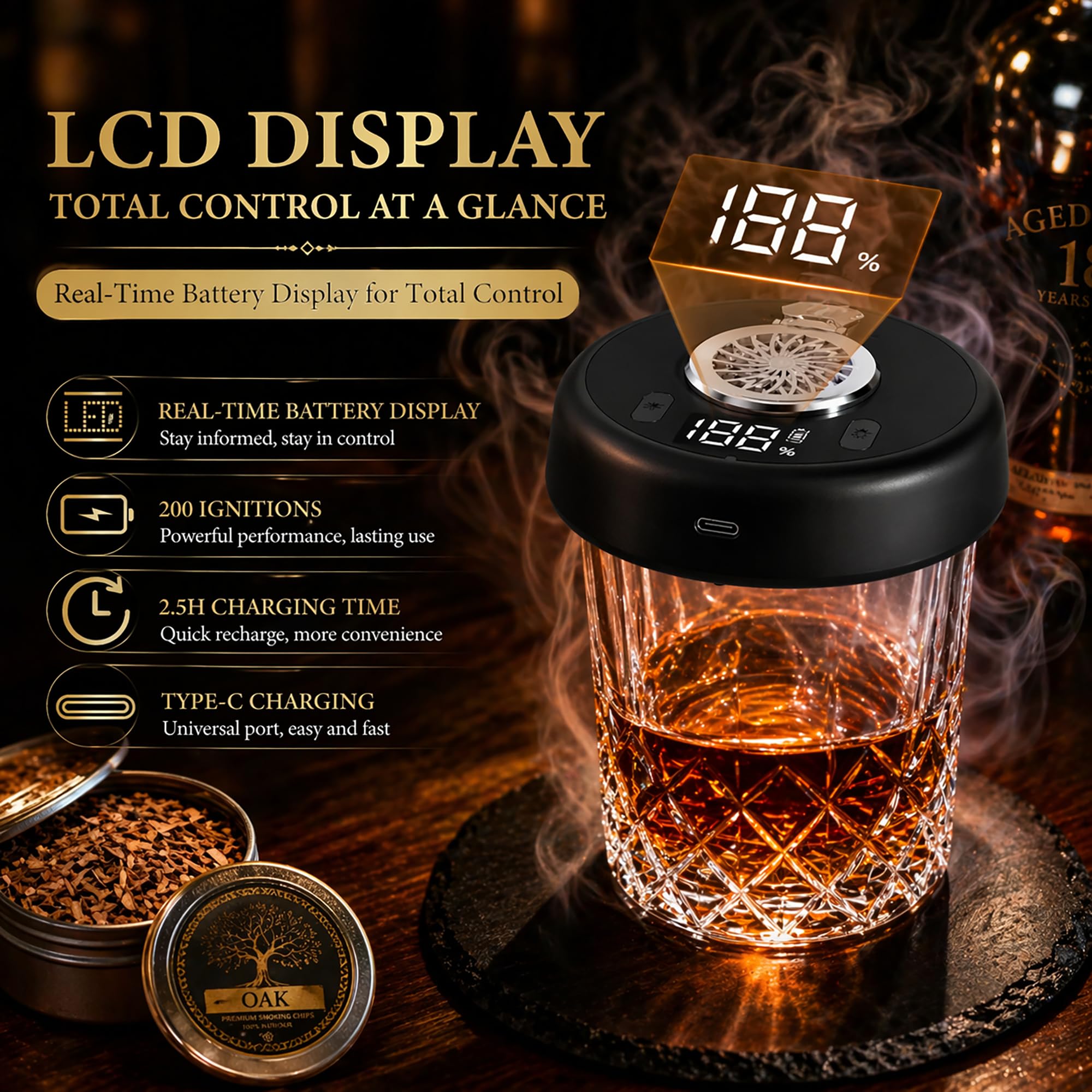 Electric Whiskey Smoker Kit, Torch-Free Rechargeable Cocktail Smoker with 7 Color Lights, All-in-1 Gift Set with 2 Wooden Whiskey Glasses, 10 Wood Chips, Ice Molds & Steel Cubes for Men, Dad