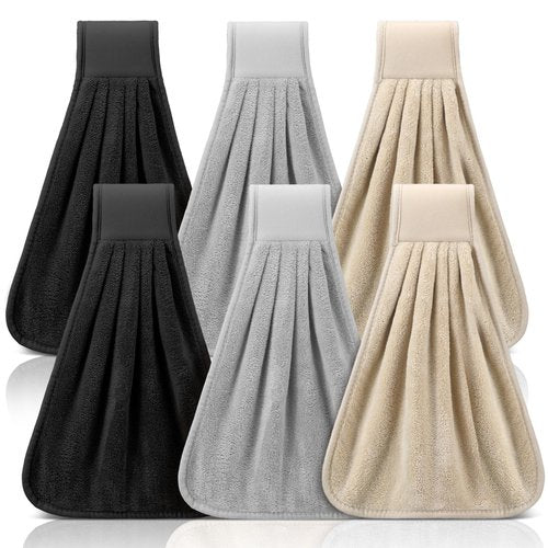 Breling 6 Pcs Kitchen Hanging Towel with Hanging Loop Absorbent Coral Fleece Kitchen Tie Towels Rustic Bathroom Dish Cloth Soft Thick Dry Cleaning Hand Dishcloths for Home Bathroom Cooking(Classic)