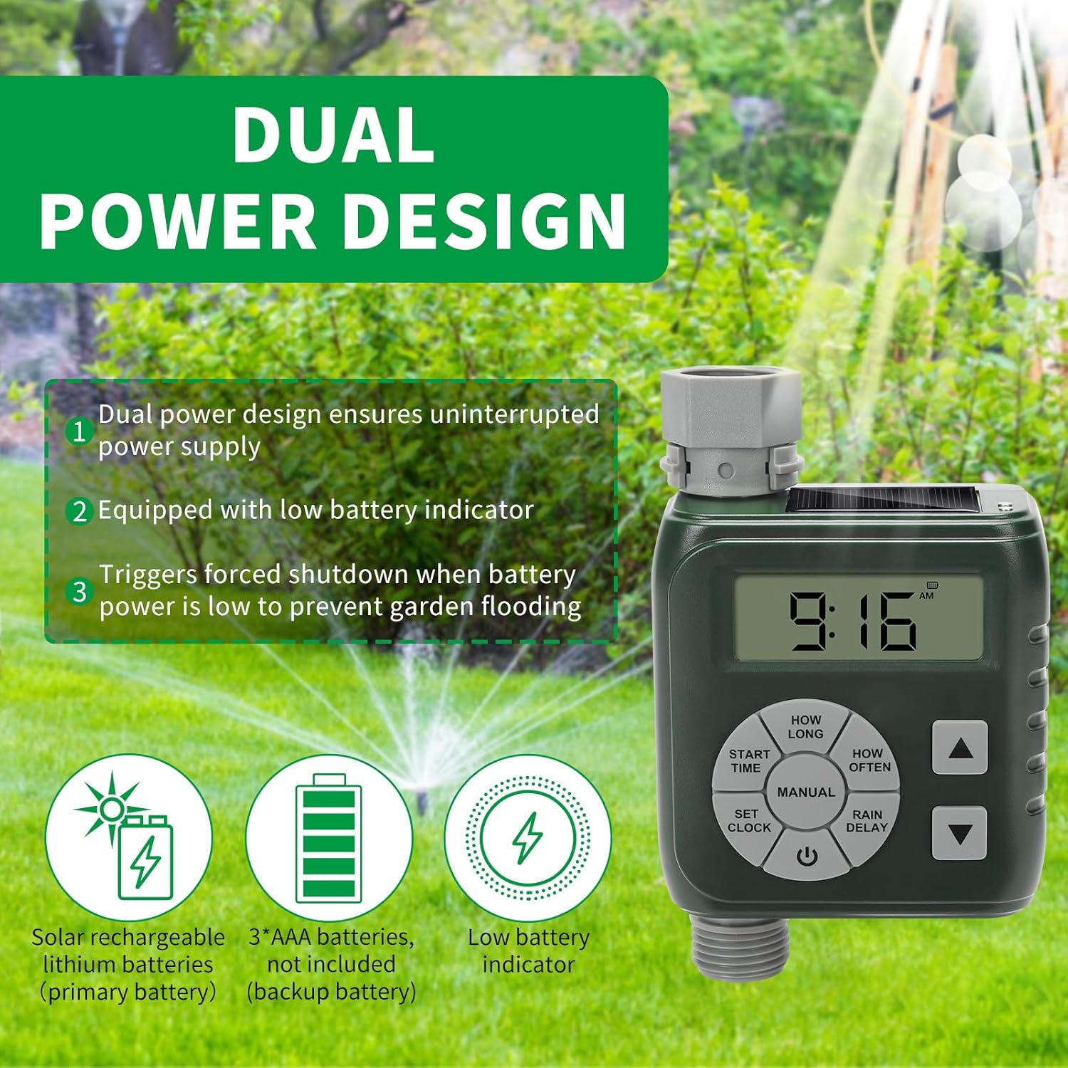 Zuomeng Hose Timer - Smart Irrigation Controller with Leak-Proof Design | Dual Power System, Green
