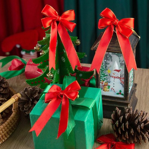 MCPINKY 20PCS Red Satin Bows for Christmas Tree, Glitter Gold Edged Xmas Ornaments – Perfect for Wreaths, Gifts, Bottles, Bags, and Holiday Decor