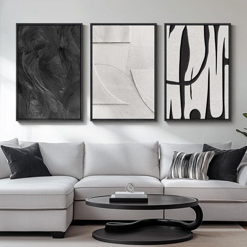 Framed 3D Textured Black and White Abstract Wall Art by [Brand Name] - Modern 3-Piece Set for Living Room | Minimalist Decor 24x36 In