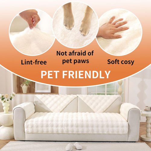 Hittun Waterproof Dog Bed Cover Non Slip Couch Covers for Dogs Washable Soft Faux Fur Sofa Cover Couch Covers for 3 Cushion Couch Sofa Pet Friendly (Off White)