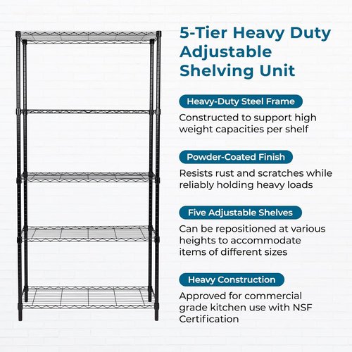 Honey-Can-Do Heavy-Duty 5-Tier Metal Storage Rack - 200 lb Capacity, Black, 14" W x 36" L x 72" H