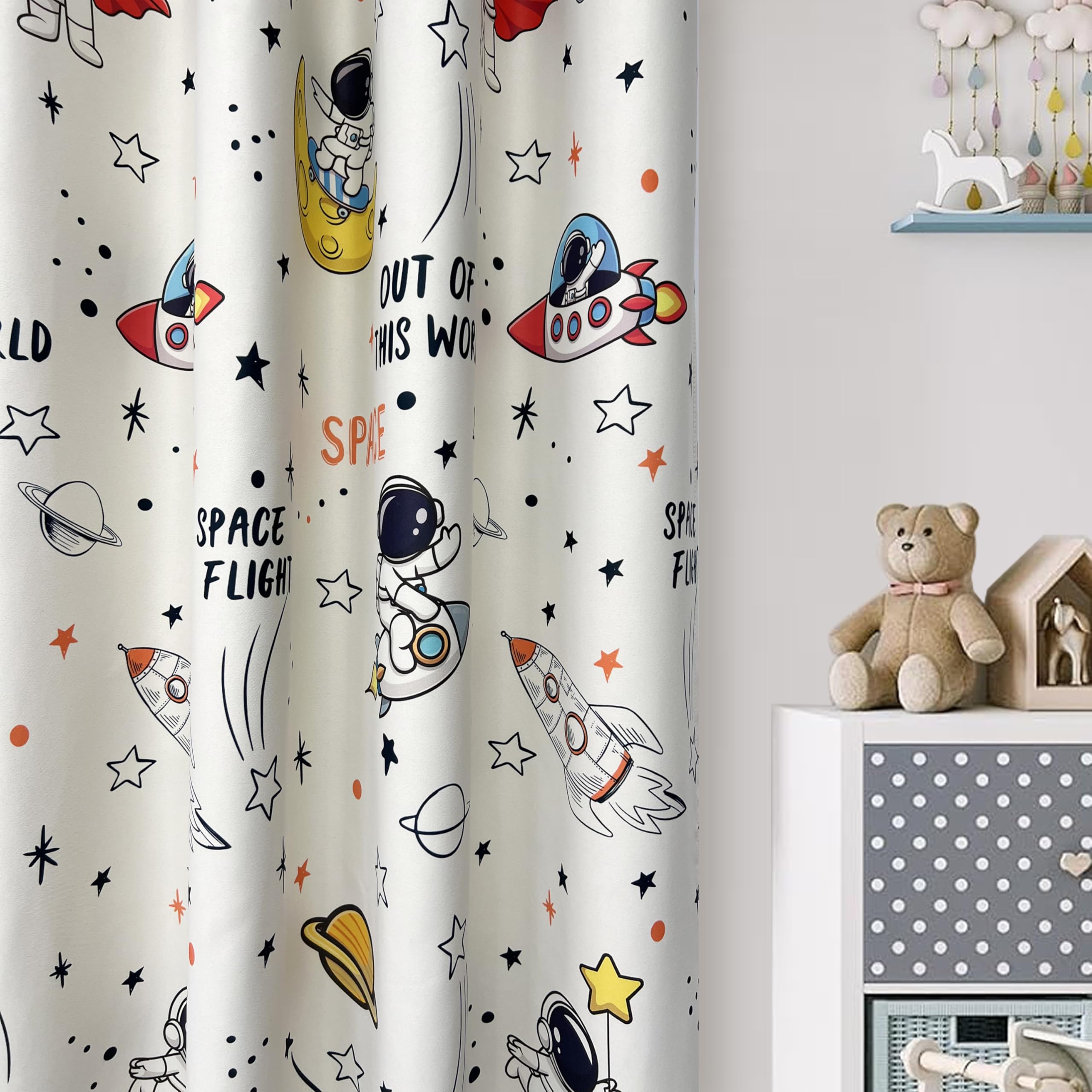Cartoon Astronaut Semi Blackout Curtains for Kids Room Nursery Space Planets Patterns Printed Drapes for Bedroom Living Room Privacy Room Darkening Window Treatment Grommet Top 1 Panel W42 x L63 Inch
