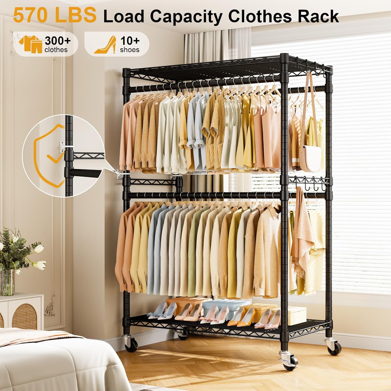 ULIFHOME Heavy Duty Rolling Clothes Rack - Portable Free Standing Garment Rack with Wheels, Black 45"W × 20.5"D × 80.5"H, Max Load 570 lbs