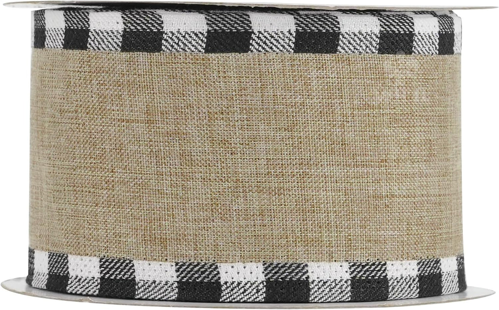 MEEDEE Burlap Christmas Ribbon - Wired 2.5 Inch Plaid with Black & White Edging | 10 Yards for Trees & Wreaths