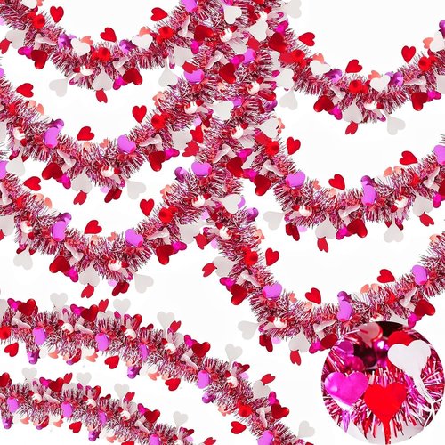 50FT Valentine's Day Decorations,Valentines Heart Garland Pink Purple Valentines Day Tinsel Garland Twist Metallic for Home Room Mantel Stairs Door Outdoor Indoor Wedding Valentine's Day Decor