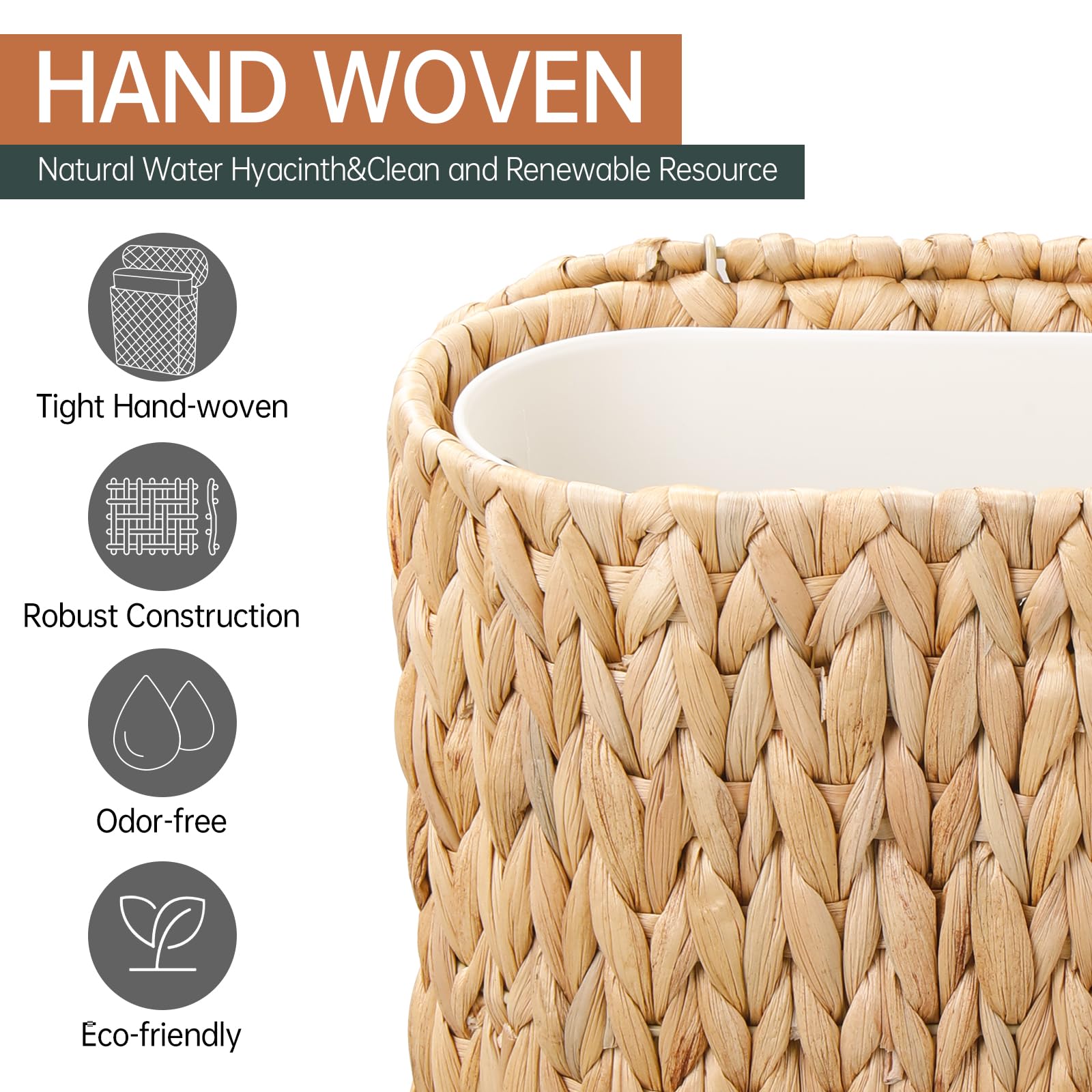 Coeusy Wicker Bathroom Trash Can with Lid,Narrow Rattan Waste Basket with Removable Liner Bucket,Slim Woven Water Hyacinth Garbage Can for Bedroom,Office,Small Spaces,3 Gallon