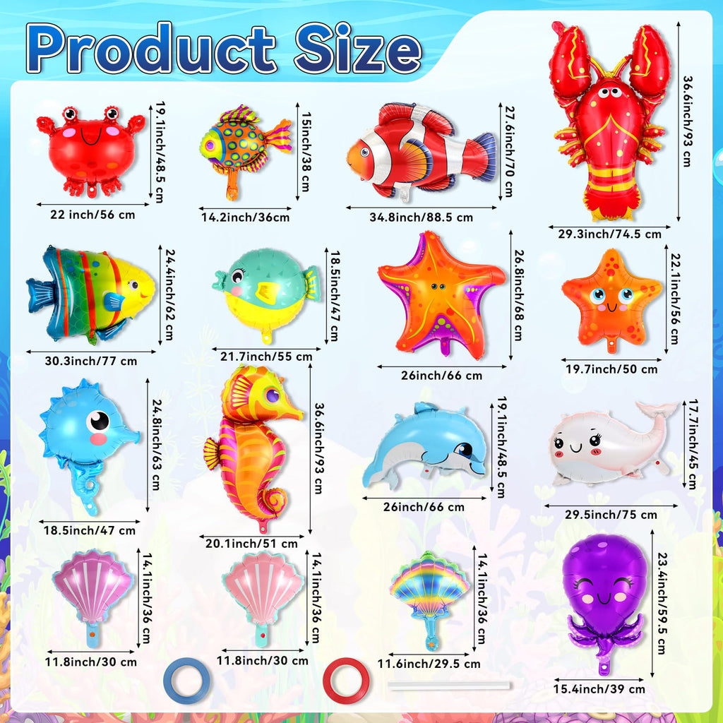 16 Pcs Ocean Animal Balloons, Under The Sea Balloons, Fish Lobster Octopus Starfish Seahorse Foil Balloon for Kids, Sea Animal Mylar Balloon for Beach Ocean Pool Birthday Party Decorations