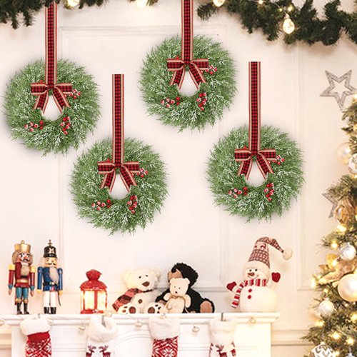 6 Pcs 14 Inch Small Christmas Wreath, Christmas Wreaths for Windows, Winter Mini Wreaths Christmas, Cabinet Wreaths for Kitchen, Window Decorations for Front Door Candle Rings Outdoor Indoor