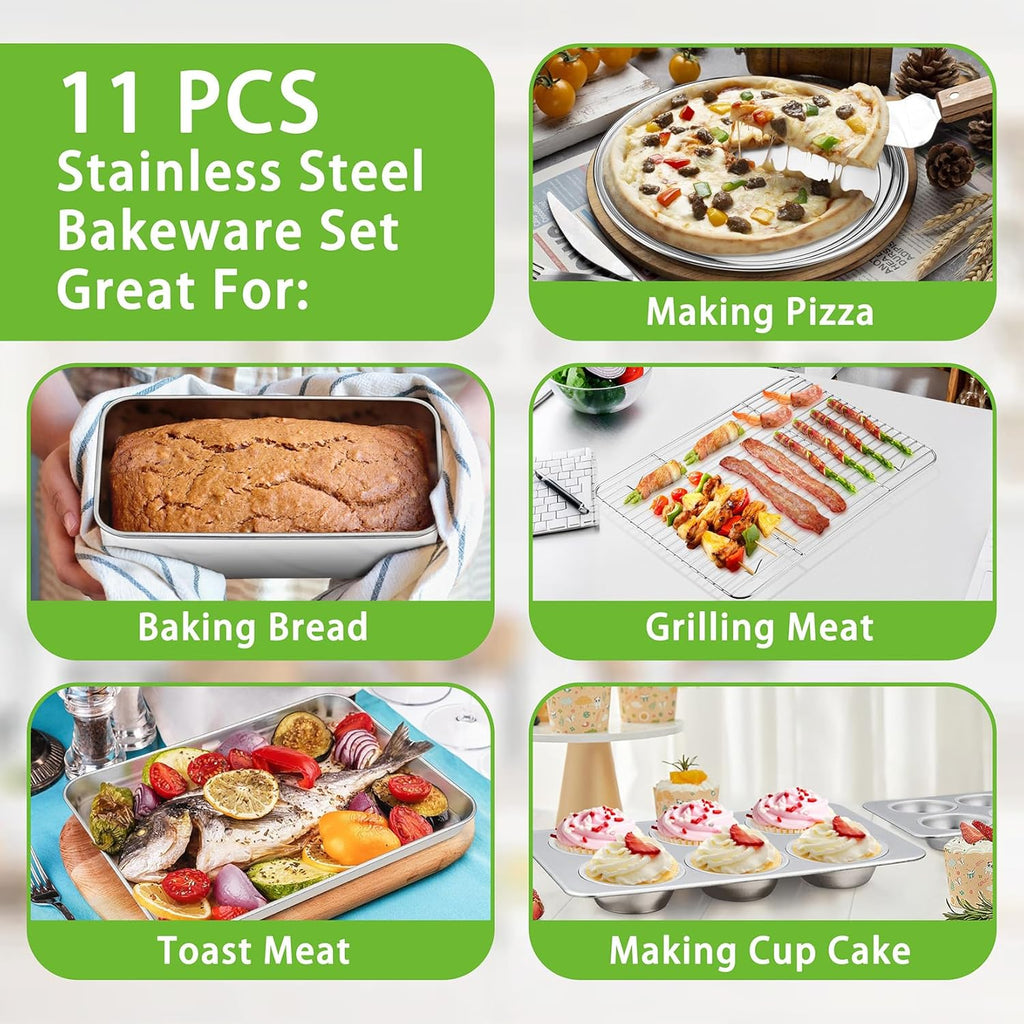 P&P CHEF Bakeware Set - 11-Piece Stainless Steel Baking Pans with Rack, Lasagna Pan, Cake Pans & More