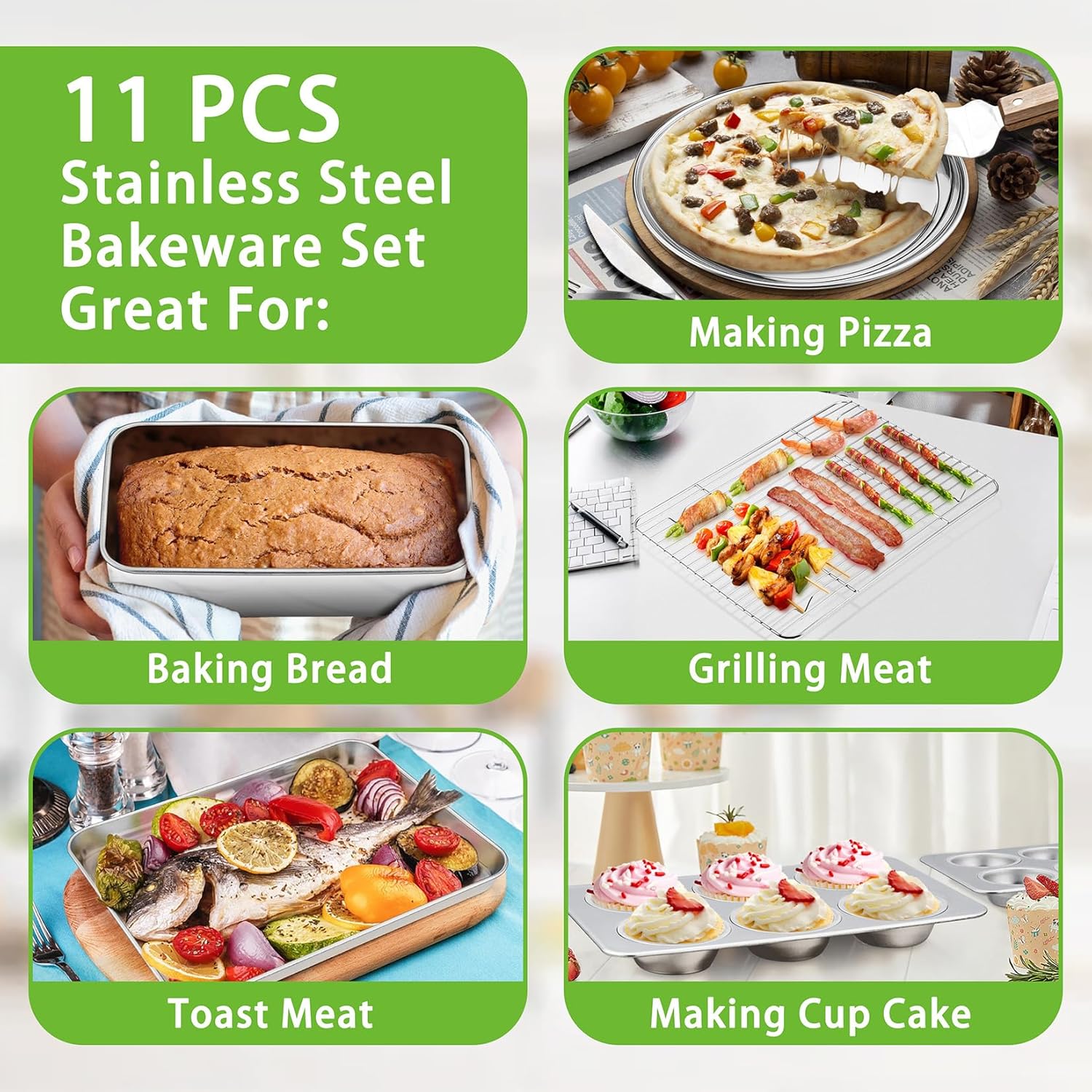 P&P CHEF Bakeware Set - 11-Piece Stainless Steel Baking Pans with Rack, Lasagna Pan, Cake Pans & More