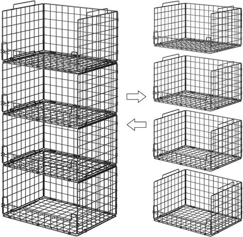 4-Tier Stackable Closet Organizers by [Brand Name] - Sturdy Metal Storage Bins for Space-Saving Wardrobe, Black